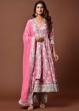 Pink Anarkali Readymade Floral Cotton Suit