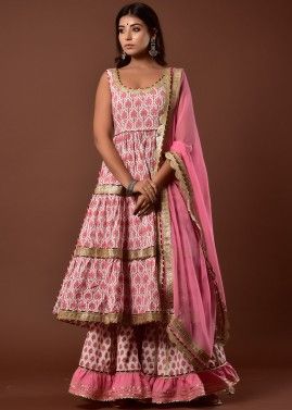 Pink Printed Readymade Anarkali Suit With Gharara