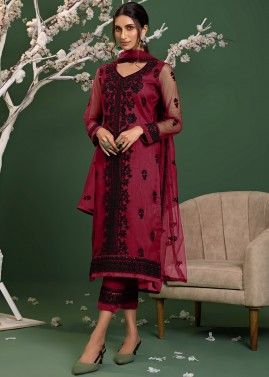 Maroon Net Embroidered Pant Salwar Suit