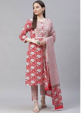 Red Floral Printed Readymade Pant Salwar Suit