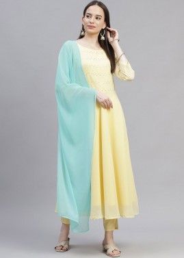 Yellow Readymade Embroidered Flared Pant Suit