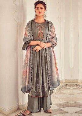 Grey Cotton Anarkali Suit With Palazzo