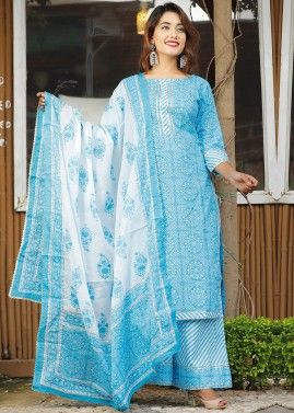 Blue Bandhani Print Cotton Readymade Palazzo Suit