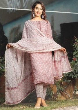 Pink Block Printed Readymade Pant Style Suit
