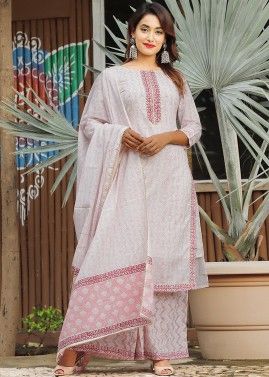 Off White Readymade Block Printed Palazzo Suit