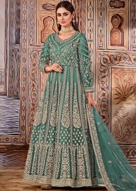 Green Embroidered Net Anarkali Salwar Kameez
