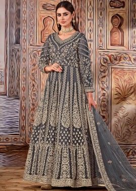 Grey Net Embroidered Anarkali Suit With Dupatta