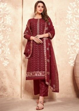 Maroon Sequins Embroidered Pant Suit In Georgette