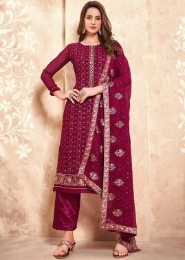 Purple Heavy Border Embroidered Pant Suit In Georgette