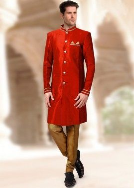 Red Art Silk Readymade Groom Sherwani Churidar Set