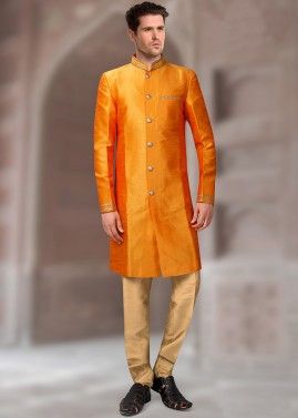 Readymade Orange Art Silk Sherwani Churidar Set