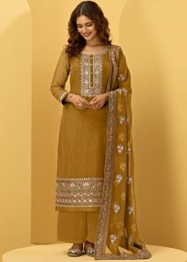 Heavy Border Embroidered Georgette Palazzo Suit In Yellow
