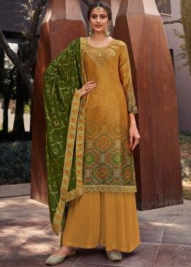 Yellow and Green Shaded Printed Palazzo Suit