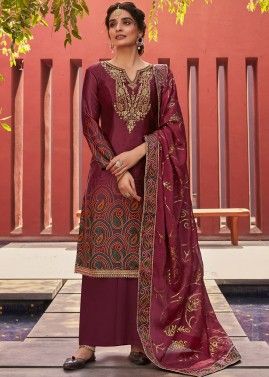 Magenta Printed Palazzo Suit With Sequined Dupatta