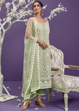 Green Straight Cut Kurta  With Thread Embroidered Net Dupatta