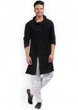 Readymade Black Cotton Slit Style Kurta Pajama
