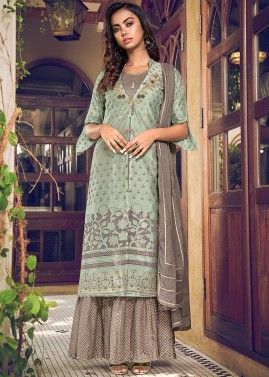 Blue Printed Sharara Style Suit In Art Silk