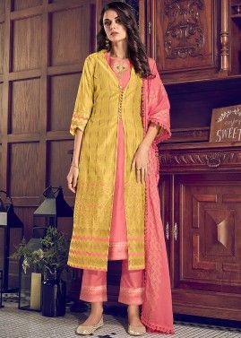 Yellow Jacket Style Suit With Dupatta