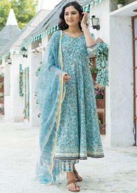 Blue Readymade Floral Salwar Suit With Dupatta