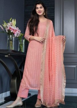 Peach Readymade Chanderi Pant Suit With Dupatta