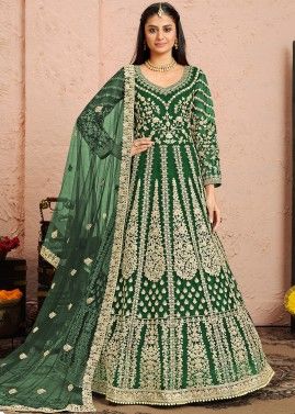 Green Dori Embroidered Abaya Style Anarkali Suit