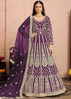 Purple Embroidered Anarkali Salwar Suit In Net