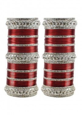 Stone Studded Red And Silver Bridal Bangle Set