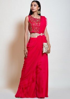 Pink Embroidered Top Palazzo With Draped Dupatta