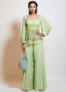 Green Embroidered Puff Sleeved Peplum Top With Palazzo