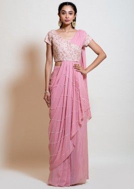 Pink Draped Dupatta Style Embellished Top With Skirt