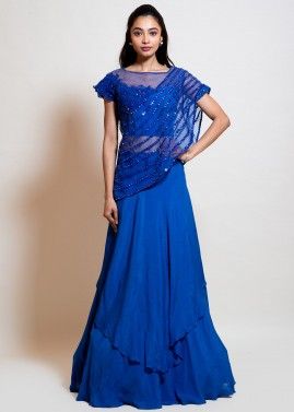 Blue Mirror Embellished Top With Asymmetric Layered Skirt