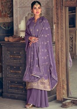 Purple Woven Palazzo Suit Set In Cotton
