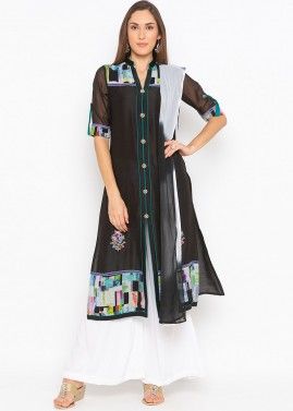 Black Printed Readymade Palazzo Suit In Georgette