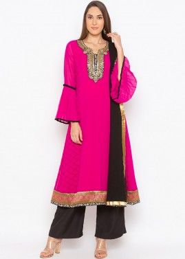 Pink Bell Sleeved Readymade Salwar Suit With Dupatta