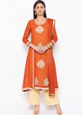 Orange Readymade Embroidered Palazzo Suit In Georgette