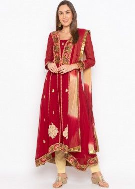 Red Asymmetric Readymade Pant Style Suit In Georgette