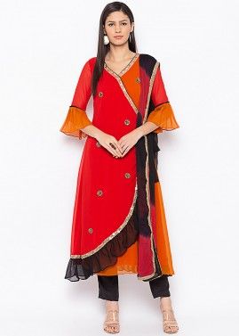 Red Readymade Bell Sleeved Georgette Suit