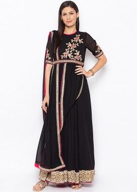 Black Embroidered Readymade Drape Style Suit Set