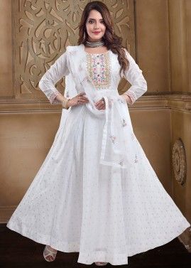 Readymade White Suit With Floral Embroidered Dupatta