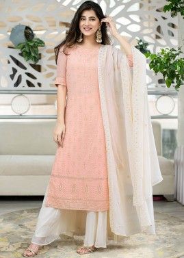 Sequins Embroidered Peach Readymade Kurta With Palazzo