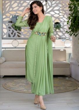 Readymade Green Pant Suit With Chiffon Dupatta