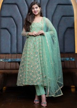 Readymade Green Anarkali Suit With Sequins Work