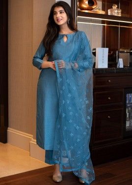Blue Readymade Suit With Embroidered Net Dupatta