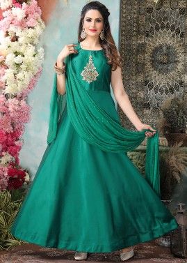 Green Readymade Flared Suit With Chiffon Dupatta