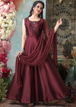 Mirror Embellished Readymade Flared Suit In Maroon