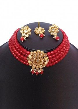 Alloy Based Red Beaded Choker Necklace Set