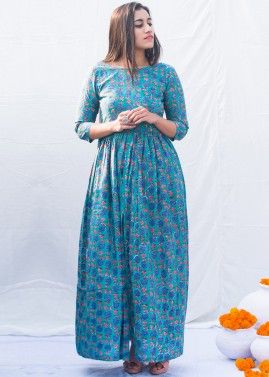 Blue Printed Readymade Tunic In Cotton