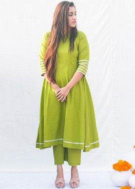 Green Readymade Cotton Anarkali Suit With Plazzo