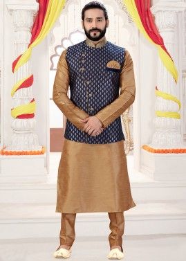 Brown Kurta Trouser Set With Woven Nehru Jacket