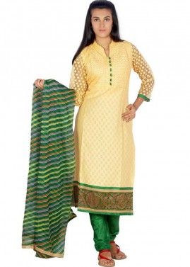 Yellow Readymade Salwar Suit In Jacquard